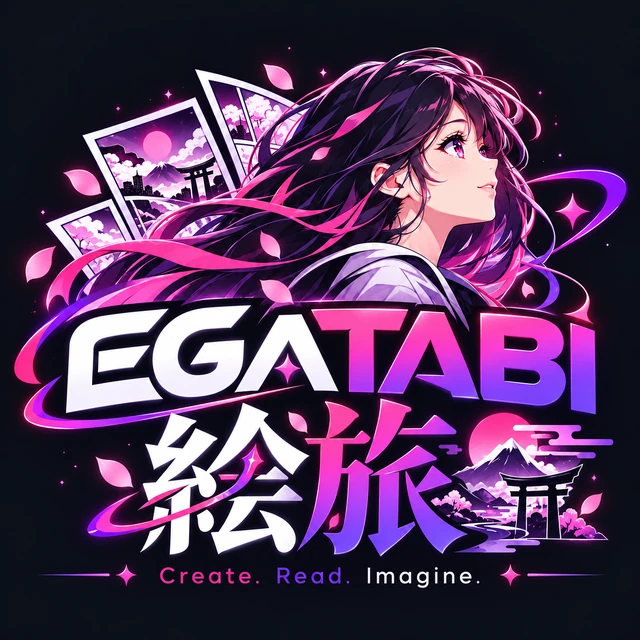 Official Egatabi artwork: a manga heroine, pink blossoms and the Egatabi name.